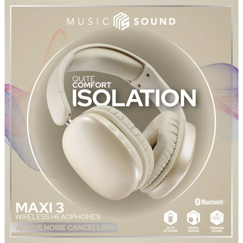 Music Sound MAXI3 MAXI3 belaidės ant ausų uždedamos ausinės su aktyviu triukšmo slopinimu: įtraukiantis ir blaškymosi netrikdomas klausymosi potyris, baterijos veikimo laikas iki 35 valandų. Šiuolaikiškas dizainas, komfortas, stilius ir galingas, revoliucinis garsas.