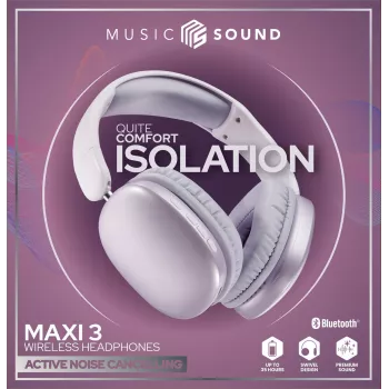 Music Sound MAXI3 MAXI3 belaidės ant ausies dedamos ausinės su aktyviu triukšmo slopinimu: įtraukiantis ir netrukdomas klausymasis, iki 35 valandų baterijos veikimo laiko. Šiuolaikiškas dizainas, komfortas, stilius ir galingas, revoliucinis garsas.