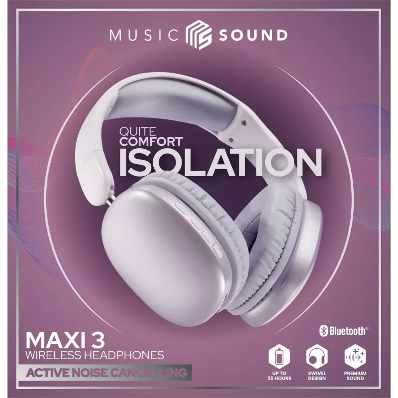 Music Sound MAXI3 MAXI3 belaidės ant ausies dedamos ausinės su aktyviu triukšmo slopinimu: įtraukiantis ir netrukdomas klausymasis, iki 35 valandų baterijos veikimo laiko. Šiuolaikiškas dizainas, komfortas, stilius ir galingas, revoliucinis garsas.