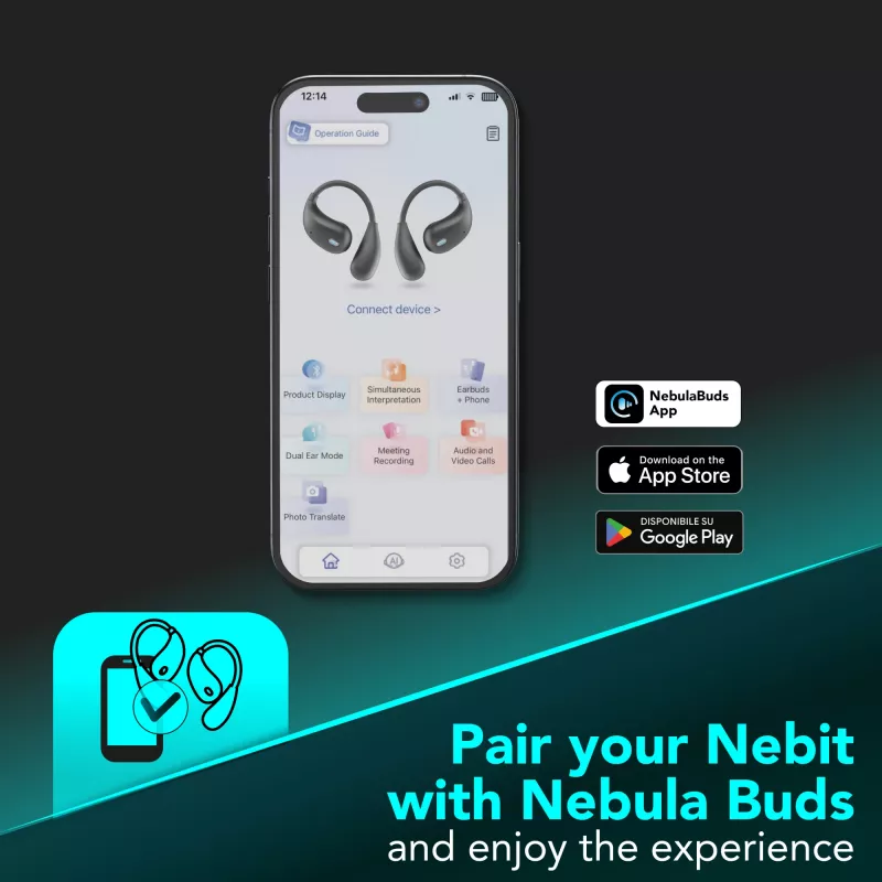 Cellularline Nebit – TWS vertėjas NEBIT TWS ausinės su realaus laiko vertimo funkcionalumu. Elegantiškos ir išmanios, sukurtos įveikti kalbų barjerus ir palaikyti momentinį bendravimą bei transkripciją.