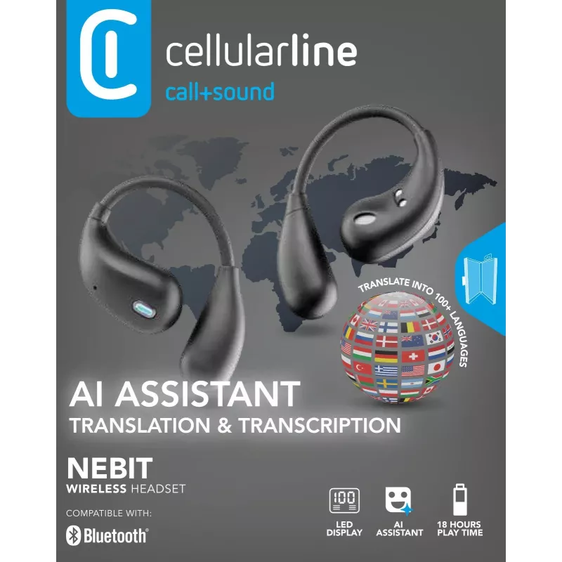 Cellularline Nebit – TWS vertėjas NEBIT TWS ausinės su realaus laiko vertimo funkcionalumu. Elegantiškos ir išmanios, sukurtos įveikti kalbų barjerus ir palaikyti momentinį bendravimą bei transkripciją.