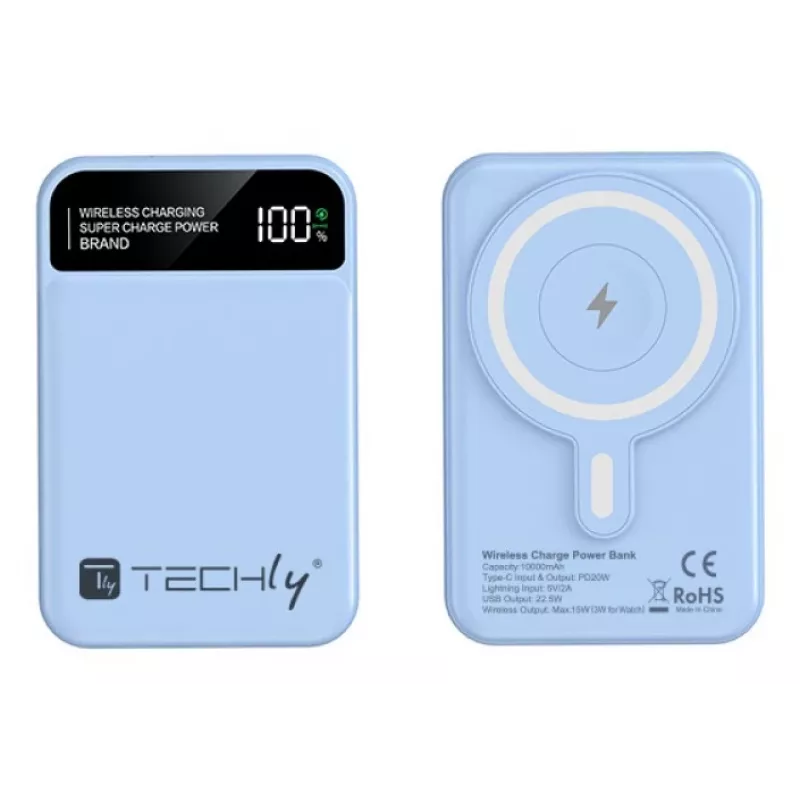 Techly I-CHARGE-10LCDBL išorinė baterija Ličio polimero (LiPo) 10000 mAh Belaidis įkrovimas Mėlyna