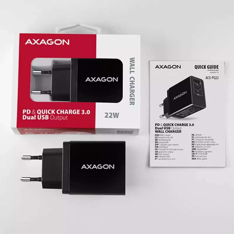 Axagon ACU-PQ22 mobiliesiems įrenginiams skirtas įkroviklis Mobilusis telefonas, Išorinė baterija, Išmanusis telefonas, Išmanusis laikrodis, Planšetinis kompiuteris, Universalus Juoda Kintamoji srovė Greitas įkrovimas Vidaus