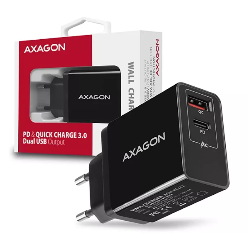 Axagon ACU-PQ22 mobiliesiems įrenginiams skirtas įkroviklis Mobilusis telefonas, Išorinė baterija, Išmanusis telefonas, Išmanusis laikrodis, Planšetinis kompiuteris, Universalus Juoda Kintamoji srovė Greitas įkrovimas Vidaus
