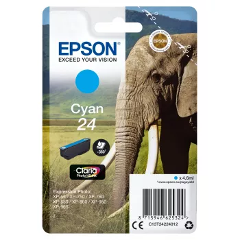 Epson Elephant vienkartinė pakuotė, žalsvai mėlyna 24 Claria Photo HD rašalo, žalsvai mėlyna, 4,6 ml, 1 vnt., 360 puslapių