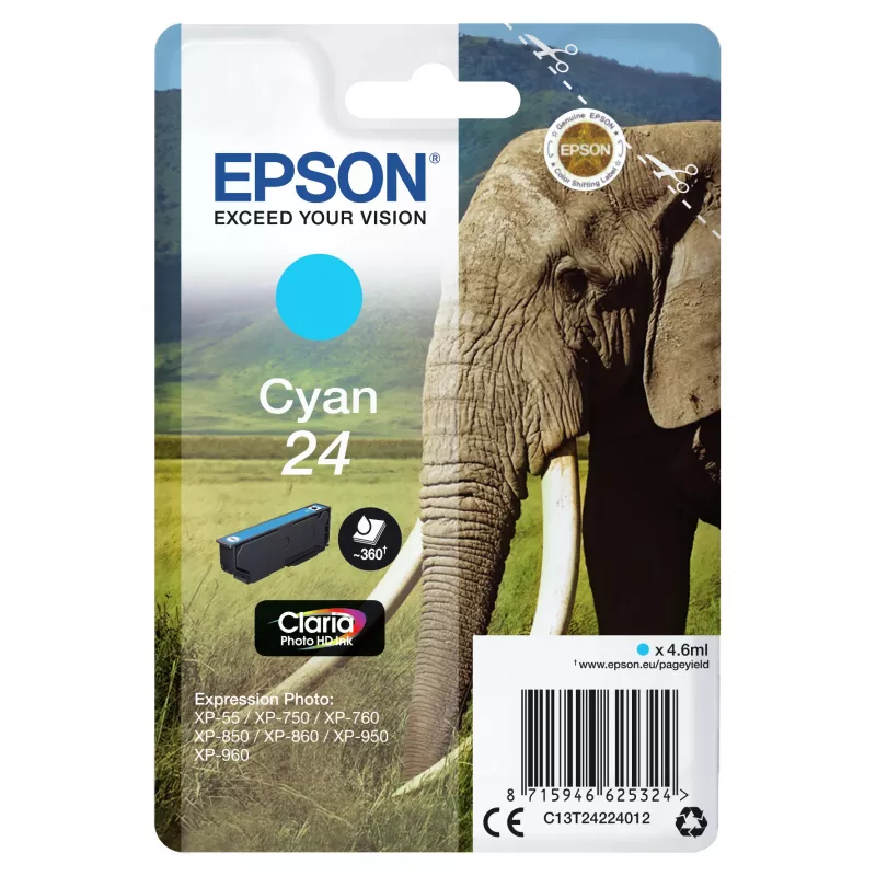 Epson Elephant vienkartinė pakuotė, žalsvai mėlyna 24 Claria Photo HD rašalo, žalsvai mėlyna, 4,6 ml, 1 vnt., 360 puslapių