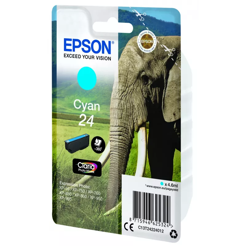 Epson Elephant vienkartinė pakuotė, žalsvai mėlyna 24 Claria Photo HD rašalo, žalsvai mėlyna, 4,6 ml, 1 vnt., 360 puslapių