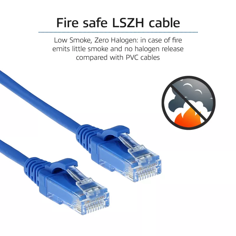 ACT mėlynas 5 metrų LSZH U/UTP CAT6 duomenų centro plonas komutacinis kabelis be užsikabinimų su RJ45 jungtimis