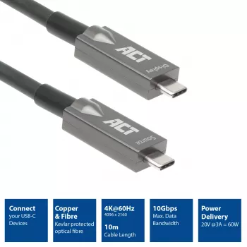 ACT USB-C 3.2 Gen2 Active Optical kabelis (AOC) jungiamasis kabelis, 10m