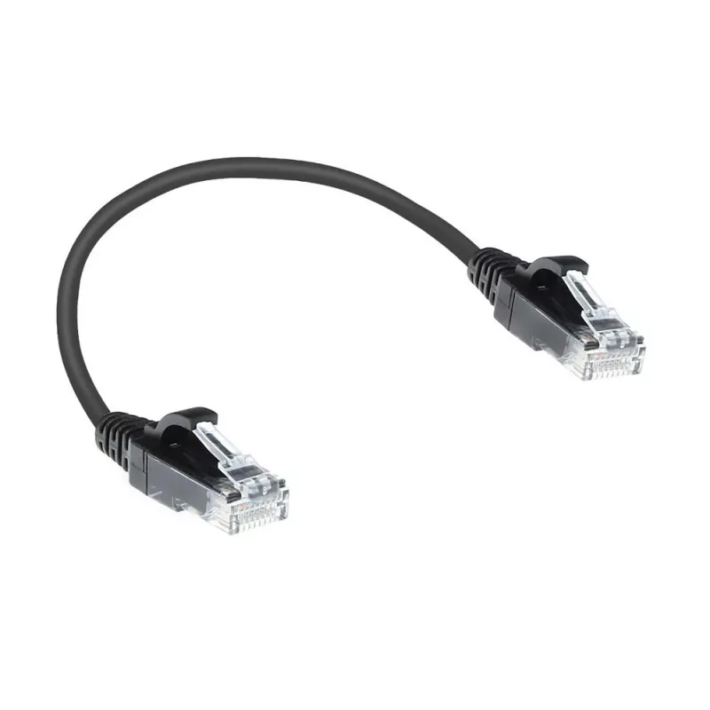 “ACT” juodas 0,15 metro LSZH U/UTP CAT6 duomenų centro plonas komutacinis kabelis be užkliuvimo su RJ45 jungtimis