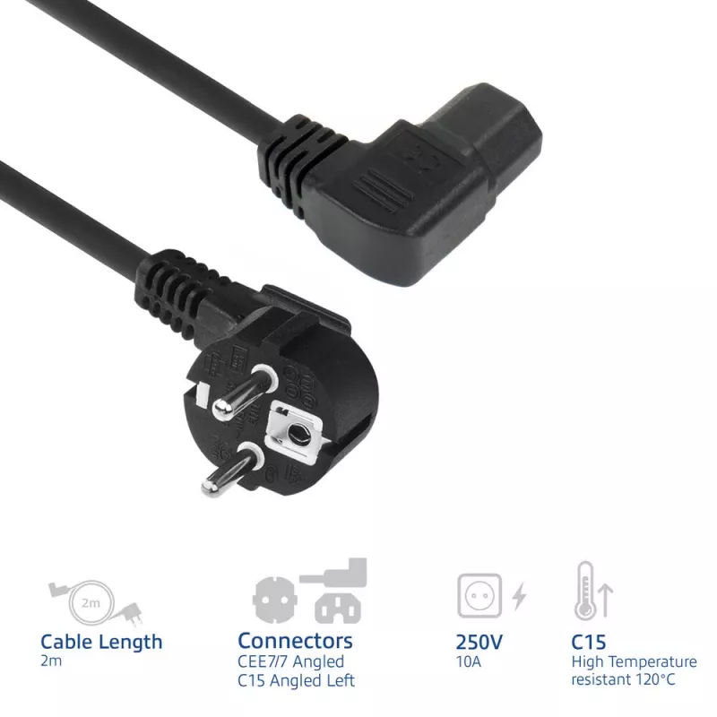 ACT Powercord maitinimo laidas CEE7/7 kištukas (kampinis) - C15 (kampinis kairysis) IEC60320 juodas 2 m