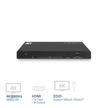 ACT 4K HDMI skirstytuvas, 1 į 4, EDID palaikymas, HDMI, 4x HDMI, 3840 x 2160 pikseliai, juoda, 4K Ultra HD, 10,2 Gbit/s