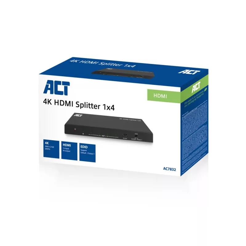 ACT 4K HDMI skirstytuvas, 1 į 4, EDID palaikymas, HDMI, 4x HDMI, 3840 x 2160 pikseliai, juoda, 4K Ultra HD, 10,2 Gbit/s