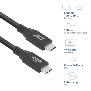 ACT USB 3.0 10Gbps 60W USB Type-C laidas, 1 metras, 1 m, USB C, USB C, USB 3.2 Gen 2 (3.1 Gen 2), 10 Gbit/s, juodas