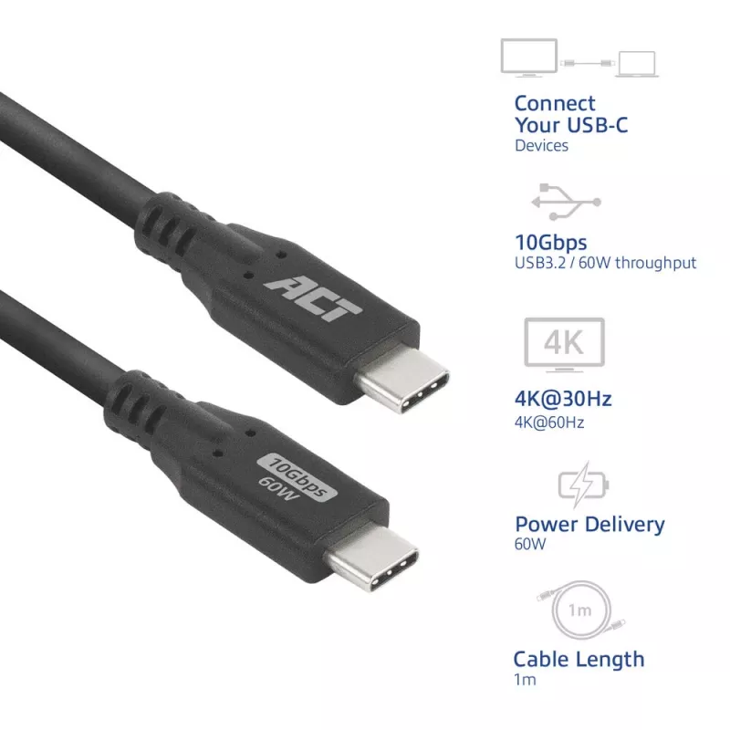 ACT USB 3.0 10Gbps 60W USB Type-C laidas, 1 metras, 1 m, USB C, USB C, USB 3.2 Gen 2 (3.1 Gen 2), 10 Gbit/s, juodas