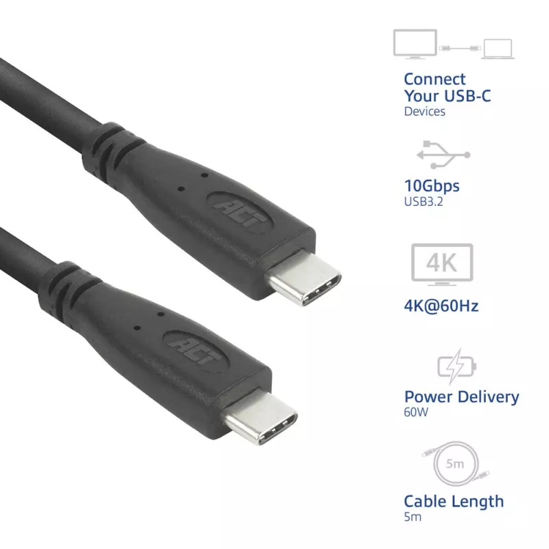 ACT AC7445 USB laidas USB 3.2 Gen 2 (3.1 Gen 2) 5 m USB C 10 Gbit/s 60 W Juodas