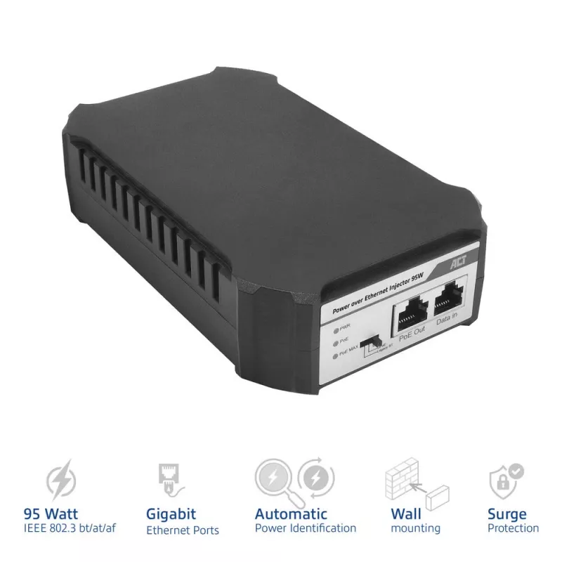 ACT PoE injektorius 95W IEEE 802.3bt, Gigabit Ethernet, 1000 Mbit/s, 10/100/1000, PoE++ (4PPoE), IEEE 802.3af, IEEE 802.3at, IEEE 802.3bt, Cat6a