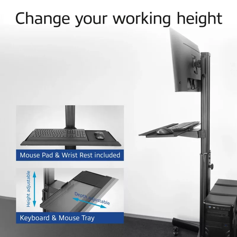 ACT mobilioji darbo vieta vienam monitoriui, su CPU laikikliu, klaviatūros ir pelės padėklu