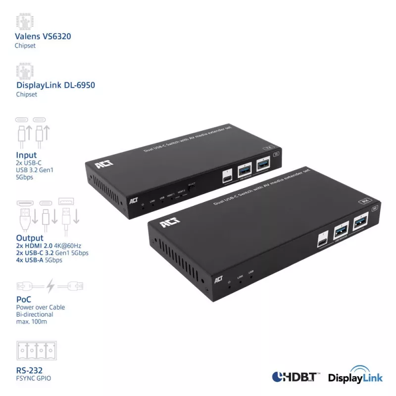 ACT AV medijos plėtiklio rinkinys su dvigubu USB-C jungikliu, CAT6A, 100 metrų