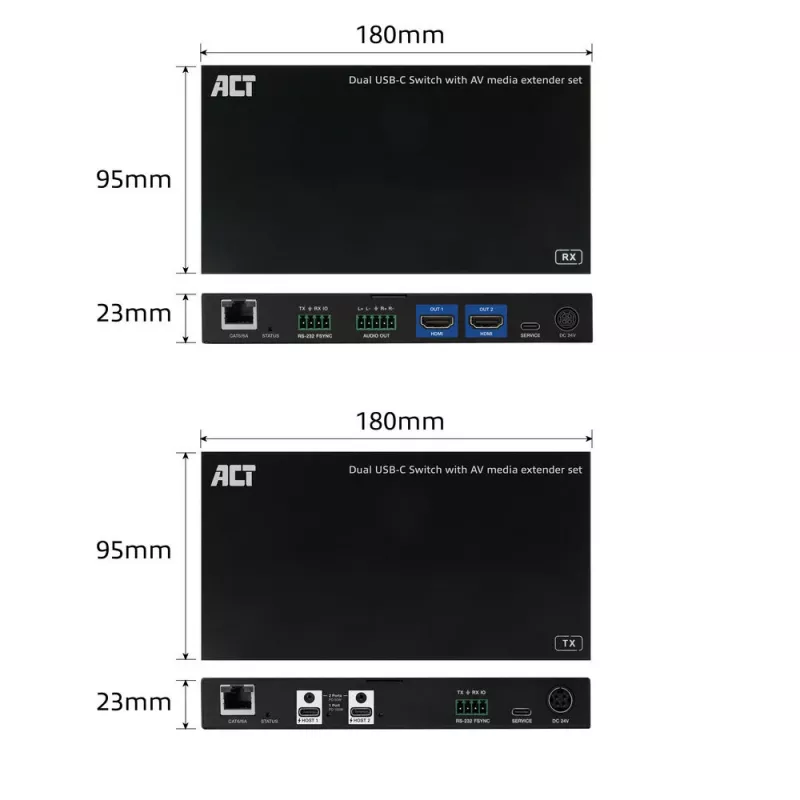 ACT AV medijos plėtiklio rinkinys su dvigubu USB-C jungikliu, CAT6A, 100 metrų
