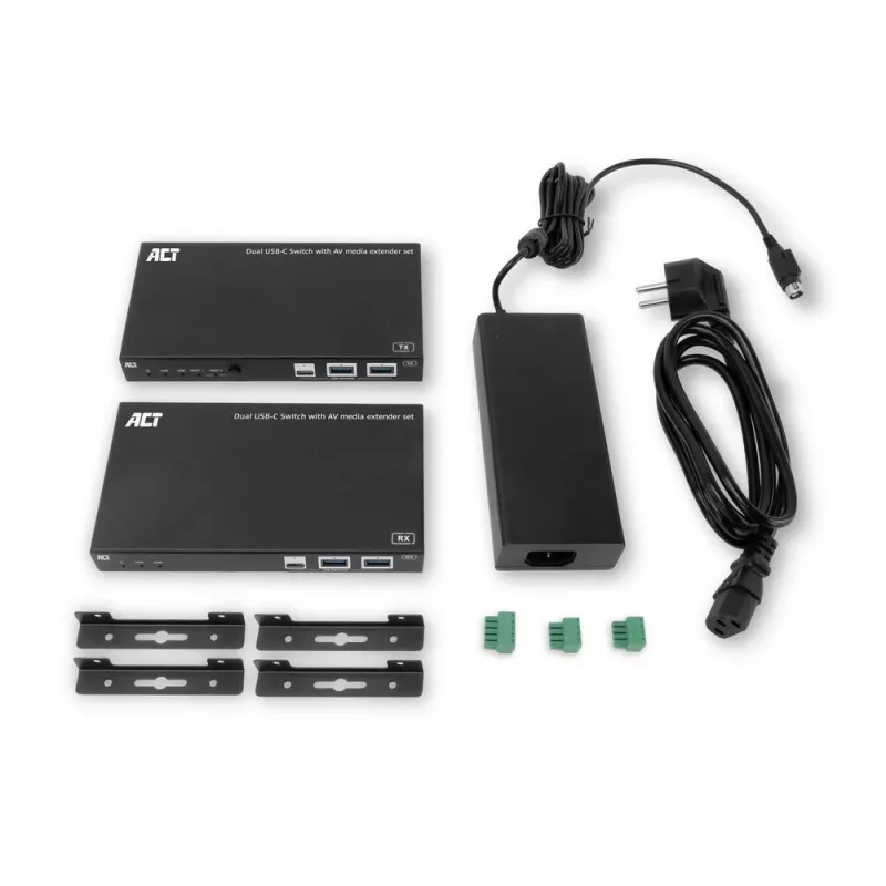 ACT AV medijos plėtiklio rinkinys su dvigubu USB-C jungikliu, CAT6A, 100 metrų