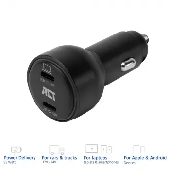 ACT 2 prievadų USB-C greitasis automobilinis įkroviklis 95 W su Power Delivery PPS, Quick Charge ir GaNFast