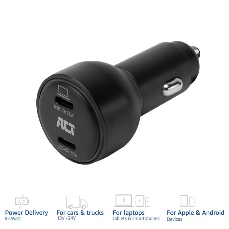 ACT 2 prievadų USB-C greitasis automobilinis įkroviklis 95 W su Power Delivery PPS, Quick Charge ir GaNFast
