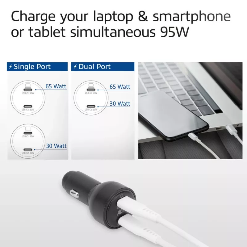 ACT 2 prievadų USB-C greitasis automobilinis įkroviklis 95 W su Power Delivery PPS, Quick Charge ir GaNFast