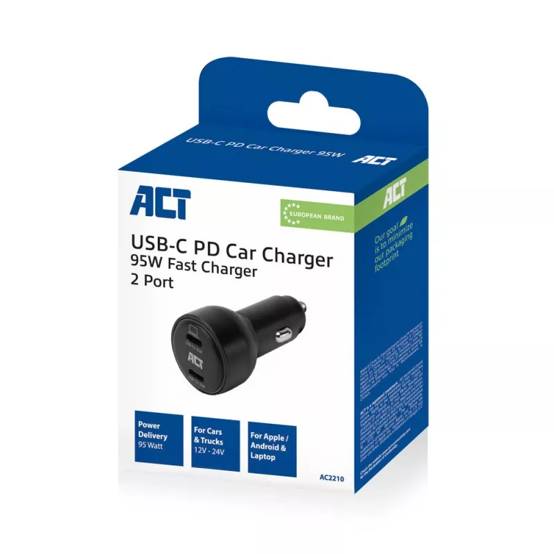 ACT 2 prievadų USB-C greitasis automobilinis įkroviklis 95 W su Power Delivery PPS, Quick Charge ir GaNFast