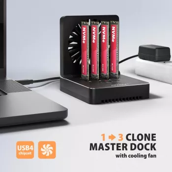 AXAGON ADSA-M2C44 USB4 40Gbps 4-Bay M.2 NVMe SSD Docking Station su neprisijungus veikiančia klonavimo funkcija, aliuminio korpusu, aktyviu aušinimu