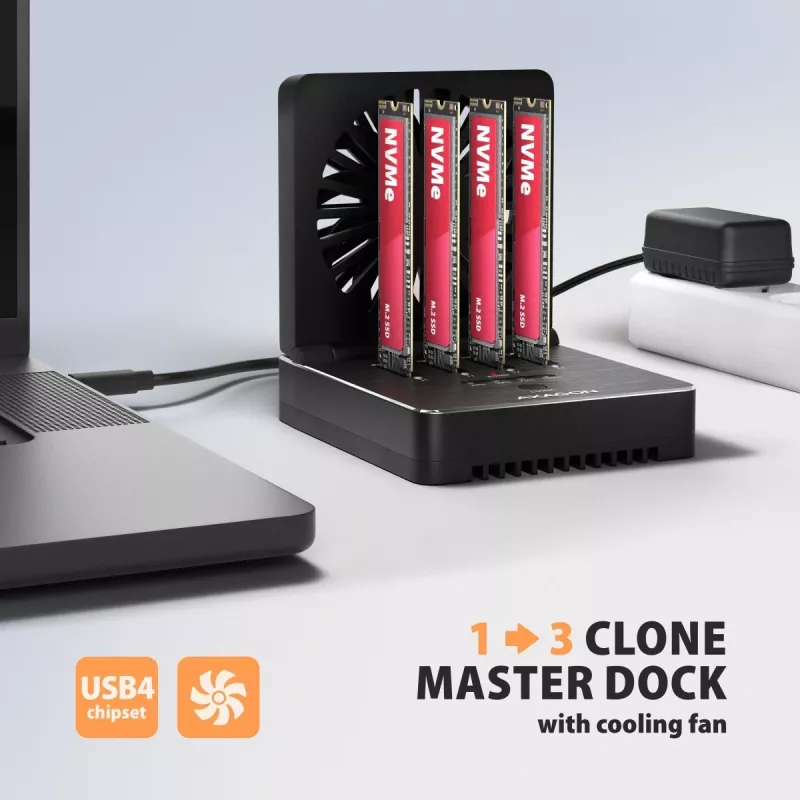 AXAGON ADSA-M2C44 USB4 40Gbps 4-Bay M.2 NVMe SSD Docking Station su neprisijungus veikiančia klonavimo funkcija, aliuminio korpusu, aktyviu aušinimu