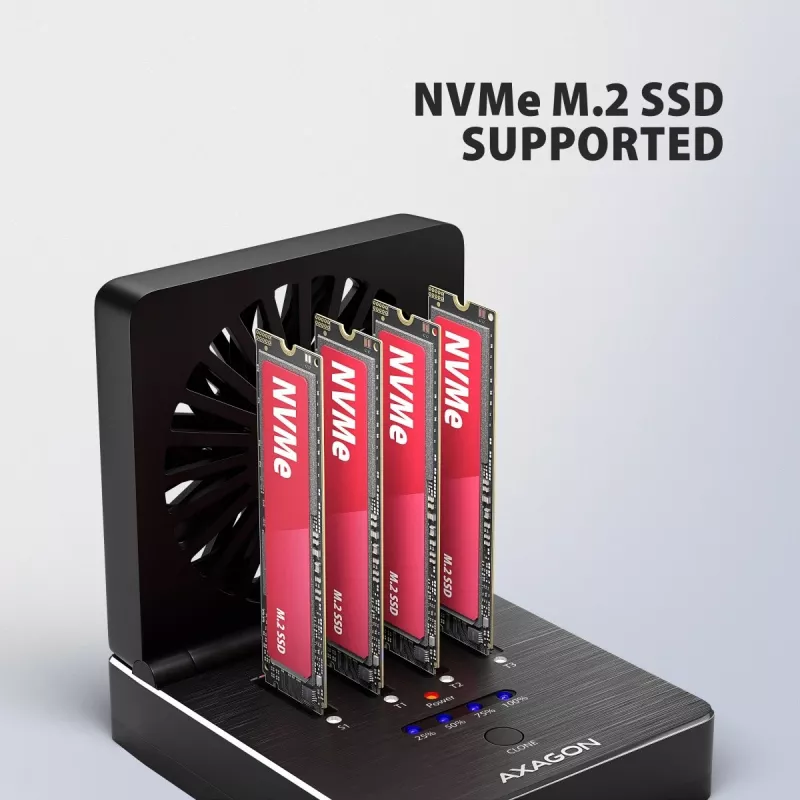 AXAGON ADSA-M2C44 USB4 40Gbps 4-Bay M.2 NVMe SSD Docking Station su neprisijungus veikiančia klonavimo funkcija, aliuminio korpusu, aktyviu aušinimu