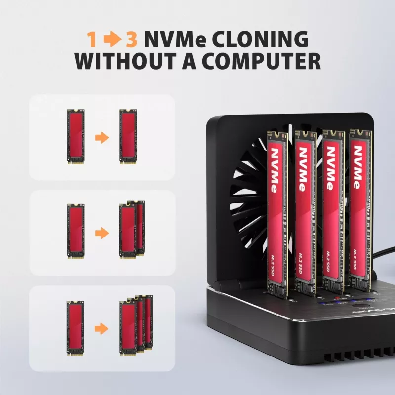 AXAGON ADSA-M2C44 USB4 40Gbps 4-Bay M.2 NVMe SSD Docking Station su neprisijungus veikiančia klonavimo funkcija, aliuminio korpusu, aktyviu aušinimu