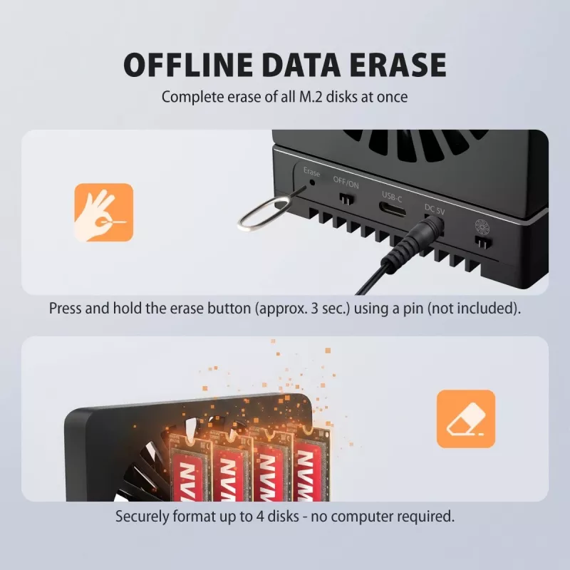 AXAGON ADSA-M2C44 USB4 40Gbps 4-Bay M.2 NVMe SSD Docking Station su neprisijungus veikiančia klonavimo funkcija, aliuminio korpusu, aktyviu aušinimu