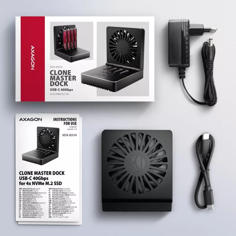 AXAGON ADSA-M2C44 USB4 40Gbps 4-Bay M.2 NVMe SSD Docking Station su neprisijungus veikiančia klonavimo funkcija, aliuminio korpusu, aktyviu aušinimu