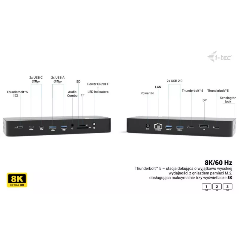 i-tec TB5 Triple Display Docking Station, 2x Thunderbolt 5, DP 2.1, 6x USB, M.2 NVMe lizdas, 2.5G LAN, SD/microSD, garsas, PD 140W