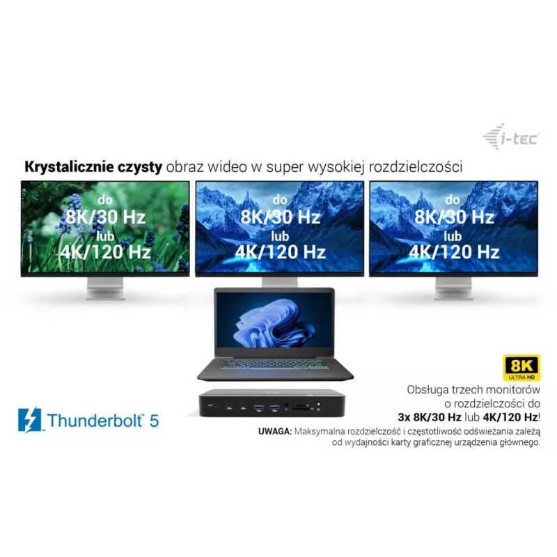 i-tec TB5 Triple Display Docking Station, 2x Thunderbolt 5, DP 2.1, 6x USB, M.2 NVMe lizdas, 2.5G LAN, SD/microSD, garsas, PD 140W