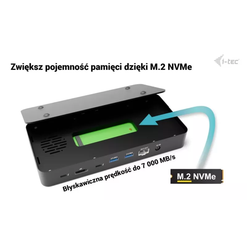 i-tec TB5 Triple Display Docking Station, 2x Thunderbolt 5, DP 2.1, 6x USB, M.2 NVMe lizdas, 2.5G LAN, SD/microSD, garsas, PD 140W