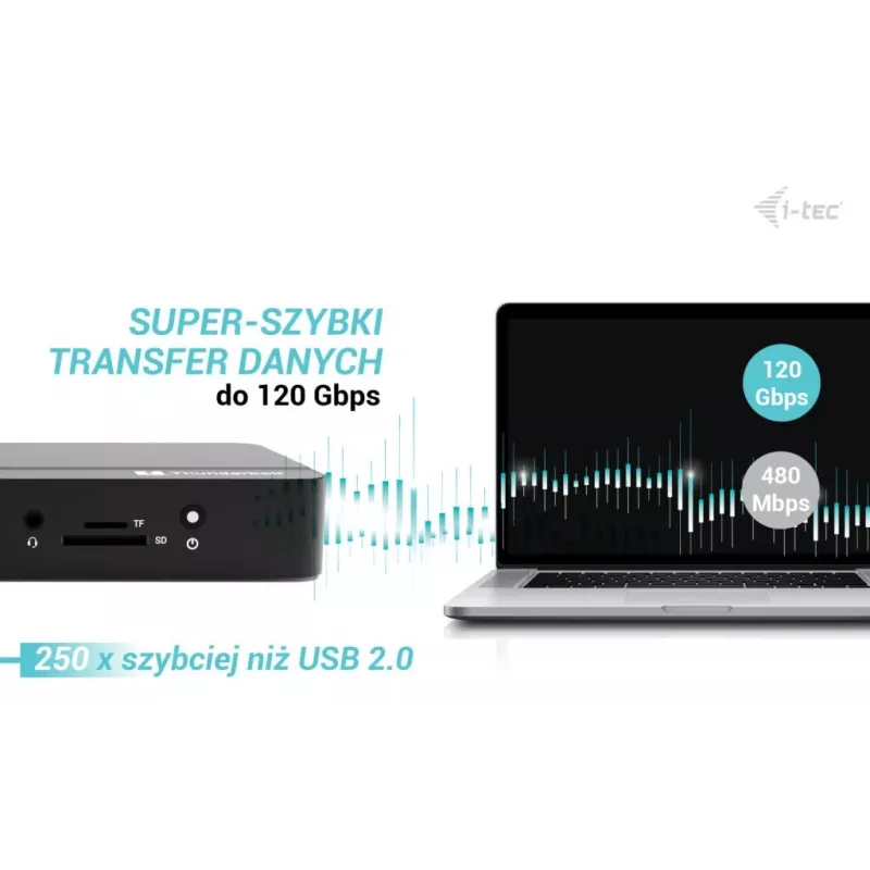 i-tec TB5 Triple Display Docking Station, 2x Thunderbolt 5, DP 2.1, 6x USB, M.2 NVMe lizdas, 2.5G LAN, SD/microSD, garsas, PD 140W