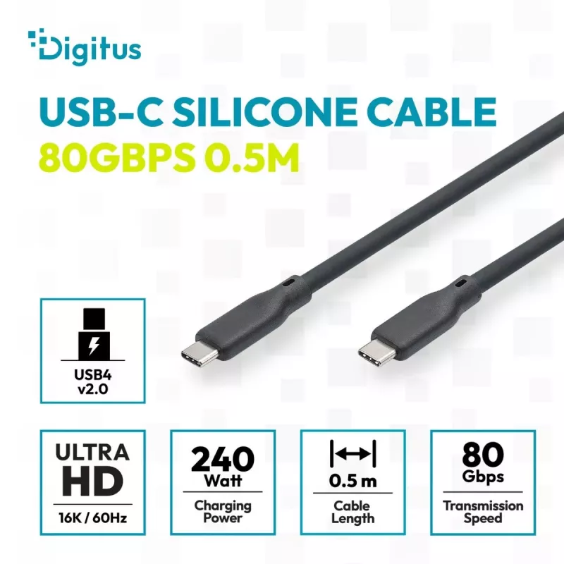 DIGITUS USB4 Version 2.0 Silicone Cable USB-C į USB-C 80Gbps 240W 16K 0,5m Juoda AK-300350-005-S