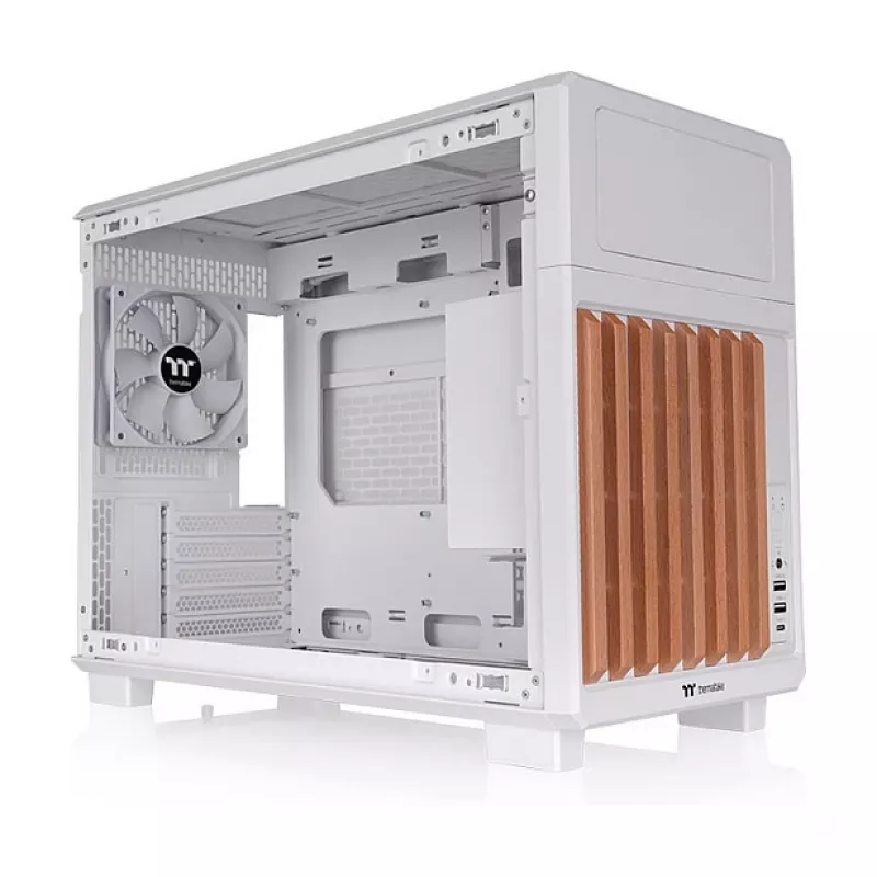 Thermaltake TR200 WS Snow White — Micro-ATX PC Case, Mesh su Tikro Medžio Priekinėmis Juostomis, 1x 120mm Ventiliatorius, USB-C, 360mm Radiatoriaus / 365mm GPU Palaikymas