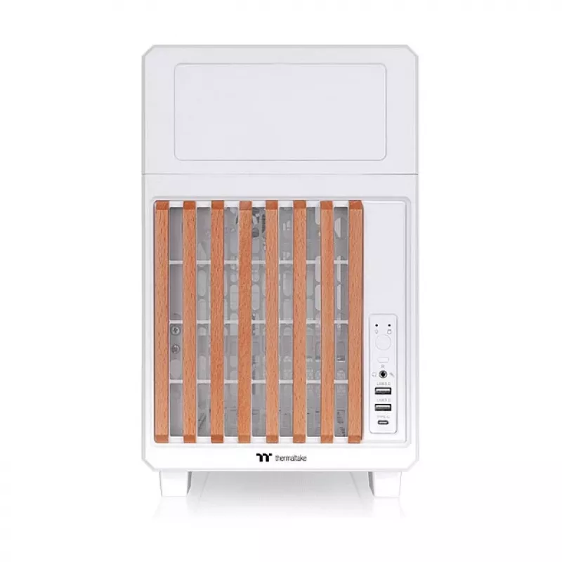 Thermaltake TR200 WS Snow White — Micro-ATX PC Case, Mesh su Tikro Medžio Priekinėmis Juostomis, 1x 120mm Ventiliatorius, USB-C, 360mm Radiatoriaus / 365mm GPU Palaikymas