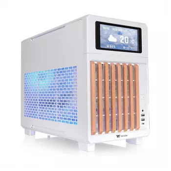 Thermaltake TR200 WS Snow White — Micro-ATX PC Case, Mesh su Tikro Medžio Priekinėmis Juostomis, 1x 120mm Ventiliatorius, USB-C, 360mm Radiatoriaus / 365mm GPU Palaikymas