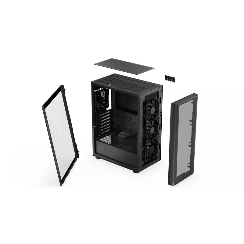 ENDORFY Ventum 400 Air ATX PC Case - Juoda, Grūdintas stiklas, 4x Stratus 120 PWM ventiliatoriai, USB-C
