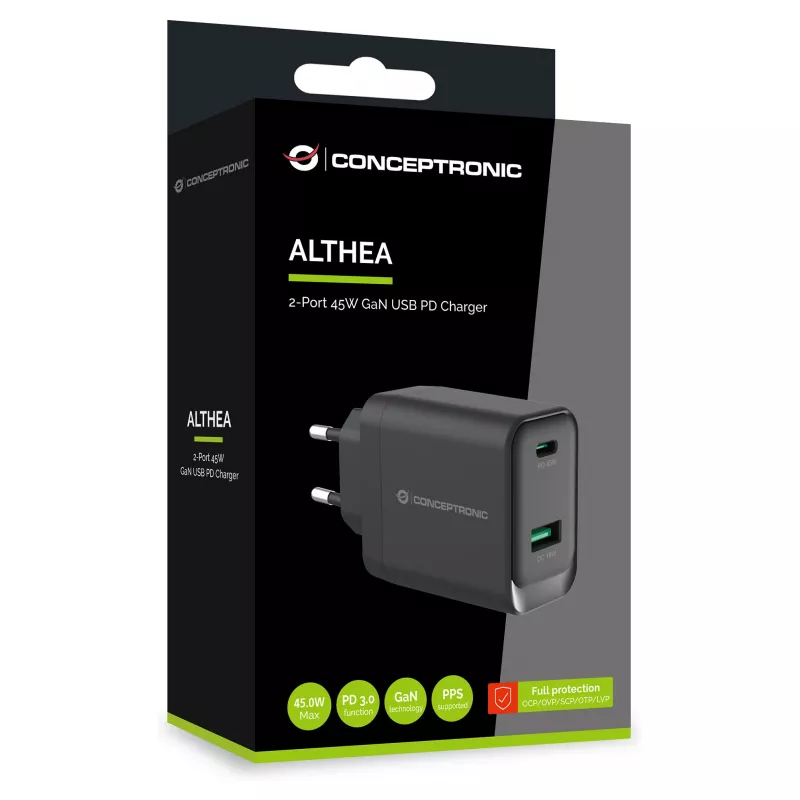 Conceptronic ALTHEA20B45 45W GaN USB-C PD & USB-A QC 3.0 Dual-Port Wall Charger Black