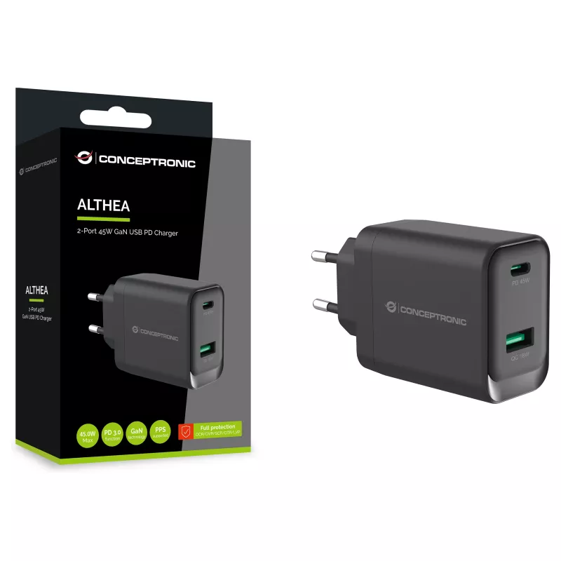 Conceptronic ALTHEA20B45 45W GaN USB-C PD & USB-A QC 3.0 Dual-Port Wall Charger Black
