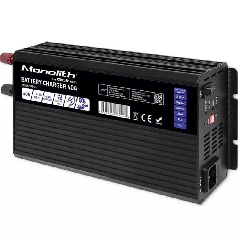 Qoltec Intelligent Professional Monolith Battery Charger for LiFePO4 AGM GEL SLA Batteries | 40A | 12V