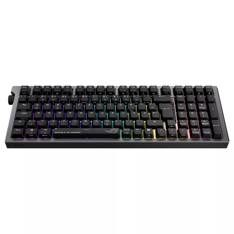 ASUS ROG Strix Morph 96 belaidė žaidimų klaviatūra, 96% išdėstymas, ROG NX Snow jungikliai, karštai keičiami, trijų režimų ryšys, juoda