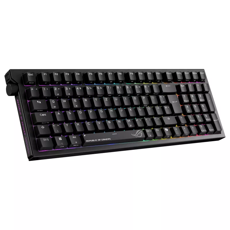 ASUS ROG Strix Morph 96 belaidė žaidimų klaviatūra, 96% išdėstymas, ROG NX Snow jungikliai, karštai keičiami, trijų režimų ryšys, juoda