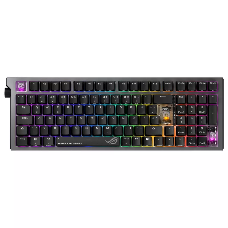 ASUS ROG Strix Morph 96 belaidė žaidimų klaviatūra, 96% išdėstymas, ROG NX Snow jungikliai, karštai keičiami, trijų režimų ryšys, juoda